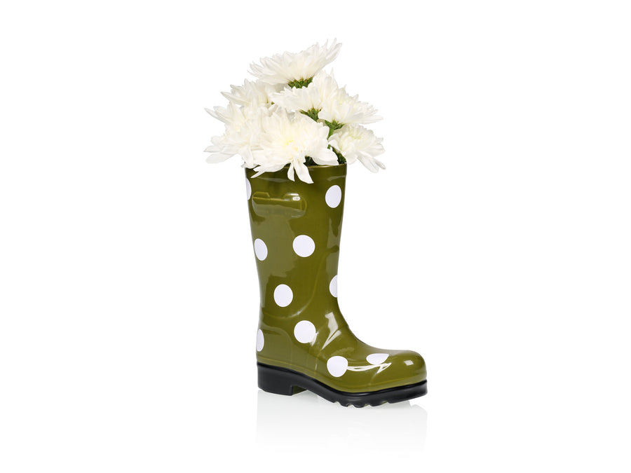 Wellington Boot Vase Dotty Green