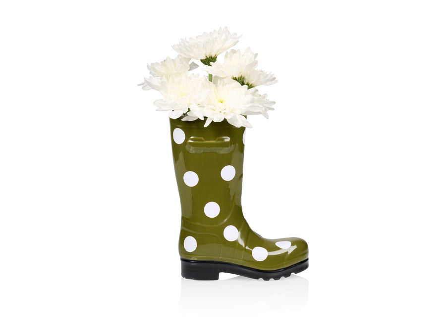 Wellington Boot Vase Dotty Green